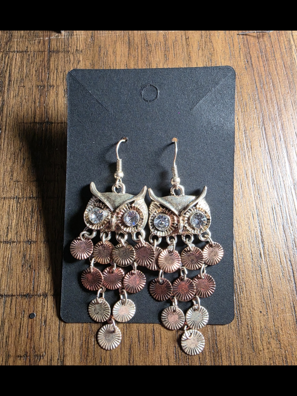 Gold-Tone Owl Dangle Earrings with Rose Gold Discs